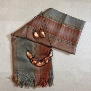 Brown Gray And Gold Scarf Brown Tan And Black Tagua Earrings And Necklace Access